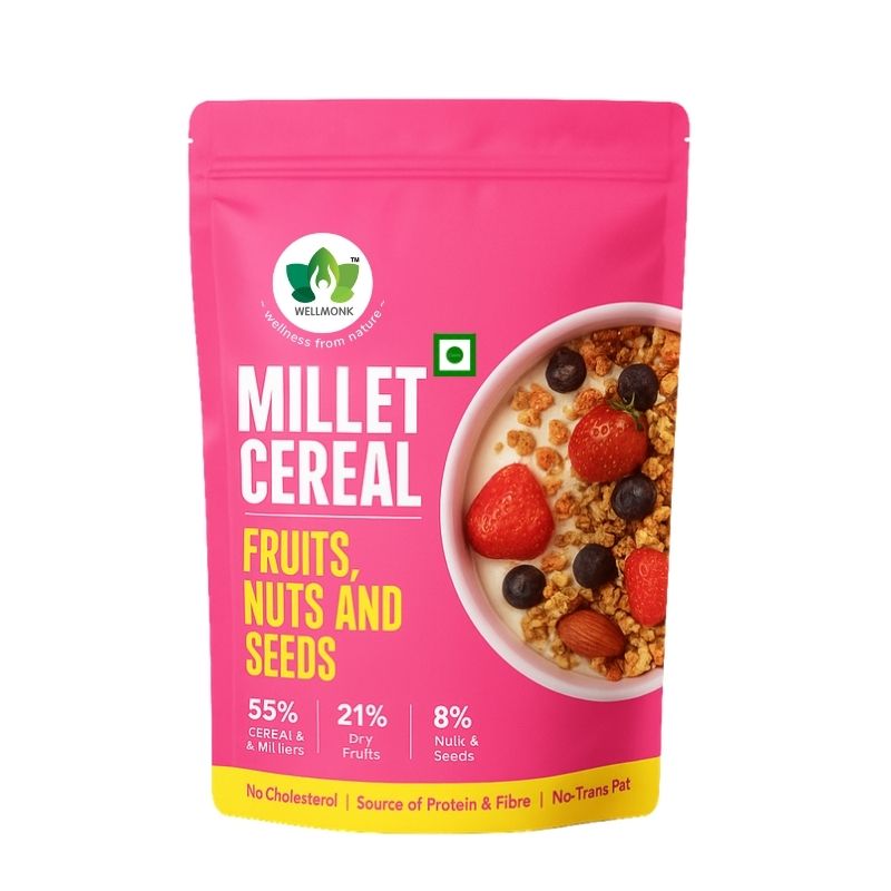 WellMonk Millet Cereal – Fruits, Nuts & Seeds Muesli, Wholesome Breakfast Mix, 400g