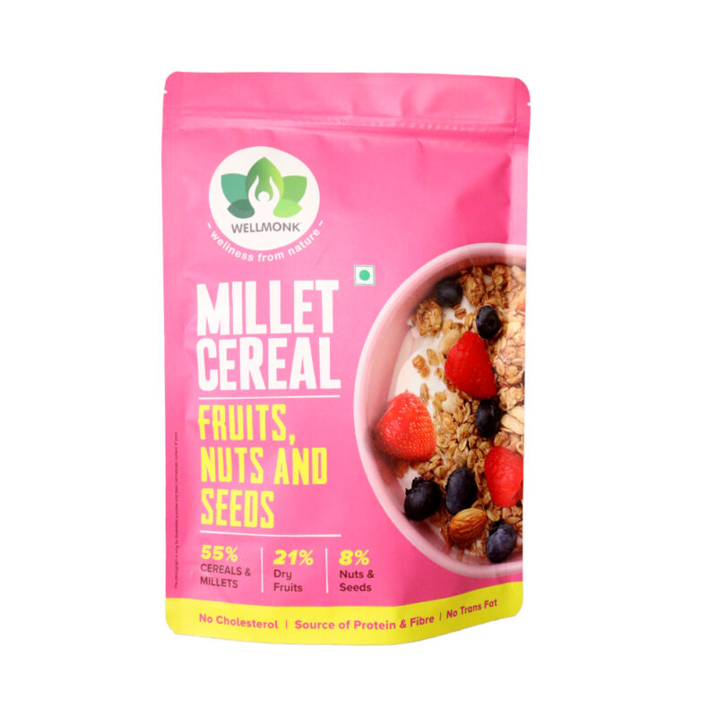 WellMonk Millet Cereal – Fruits, Nuts & Seeds Muesli, Wholesome Breakfast Mix, 400g