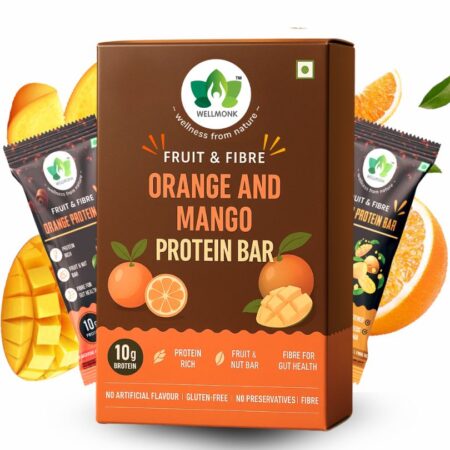WellMonk Premium Protein Bars (Orange & Mango) – Pack of 6 | High Protein, Rich in Fruit & Fiber | Healthy Snack for Energy & Fitness