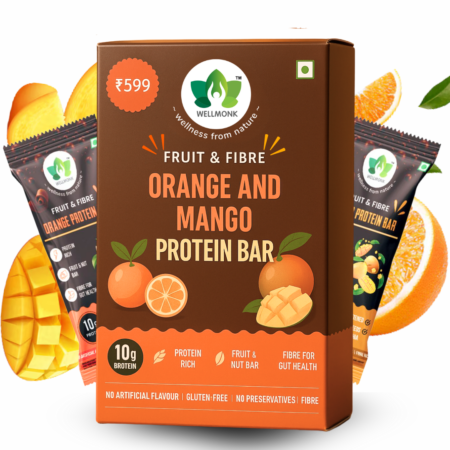 WellMonk Premium Protein Bars (Orange & Mango) – Pack of 6 | High Protein, Rich in Fruit & Fiber | Healthy Snack for Energy & Fitness