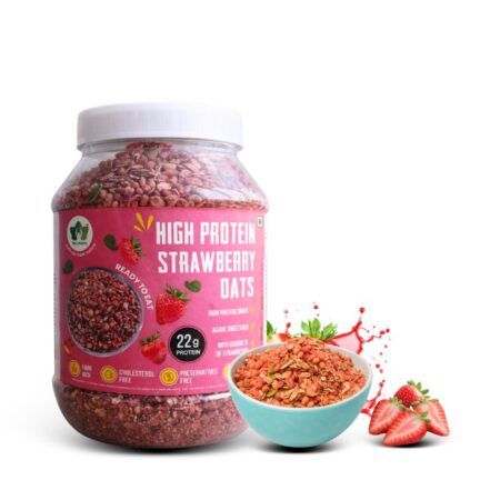 Wellmonk Strawberry High Protein Oats – 1kg | 22g Protein per 100g | Wholesome Breakfast