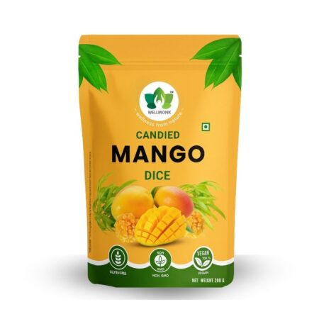 Wellmonk Candied Mango Dice – 200g | Premium Tropical Sweet Snack | 100% Natural, Vegan & Gluten-Free | Perfect for Baking, Desserts, Garnishing & Snacking