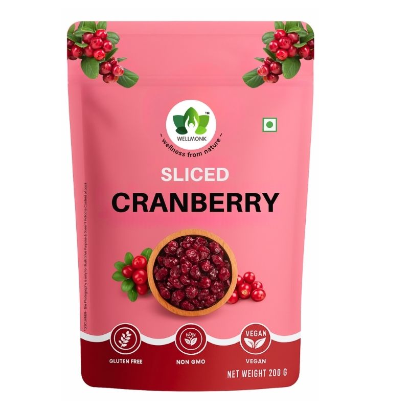 Wellmonk Sliced Cranberries 200g | Premium Dried Cranberries | Gluten Free, Non-GMO, 100% Vegan Superfood Snack |Source of Antioxidants.