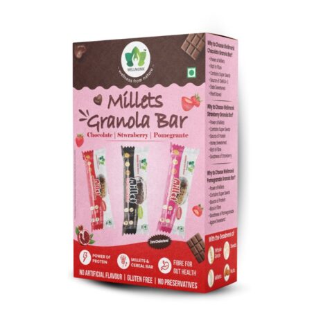 Wellmonk Millets Granola Bar Box - Chocolate, Strawberry & Pomegranate contains nutritious cereal bars made with millets, whole grains, nuts, and seeds.