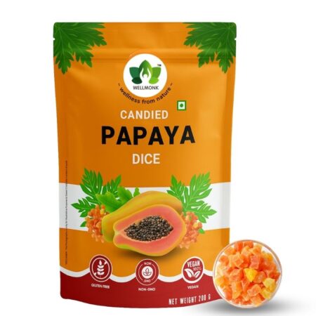 Wellmonk Candied Papaya Dice – 200g | Premium Quality | Fruits Snack | Gluten-Free, Vegan & Non-GMO | Perfect for Baking, Garnishing & Snacking