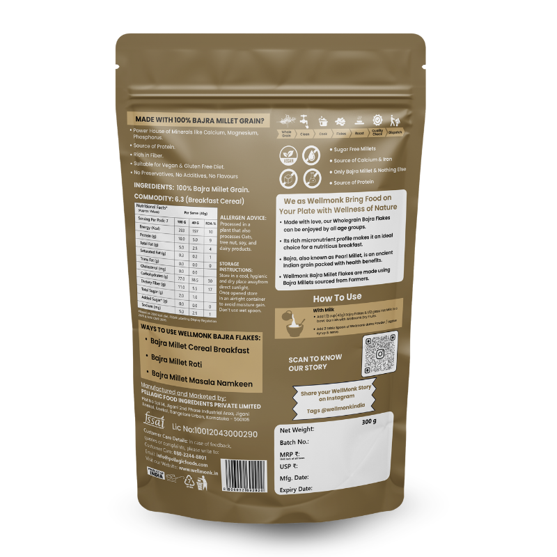Wellmonk Bajra Flakes | 100% Millet Breakfast Cereal | High Fiber | Source of Protein | No Added Sugar | Crunchy Healthy Flakes|Goodness of Wholegrain| Better Digestibility | No Added Sugar & Salt - 300 G - Image 2